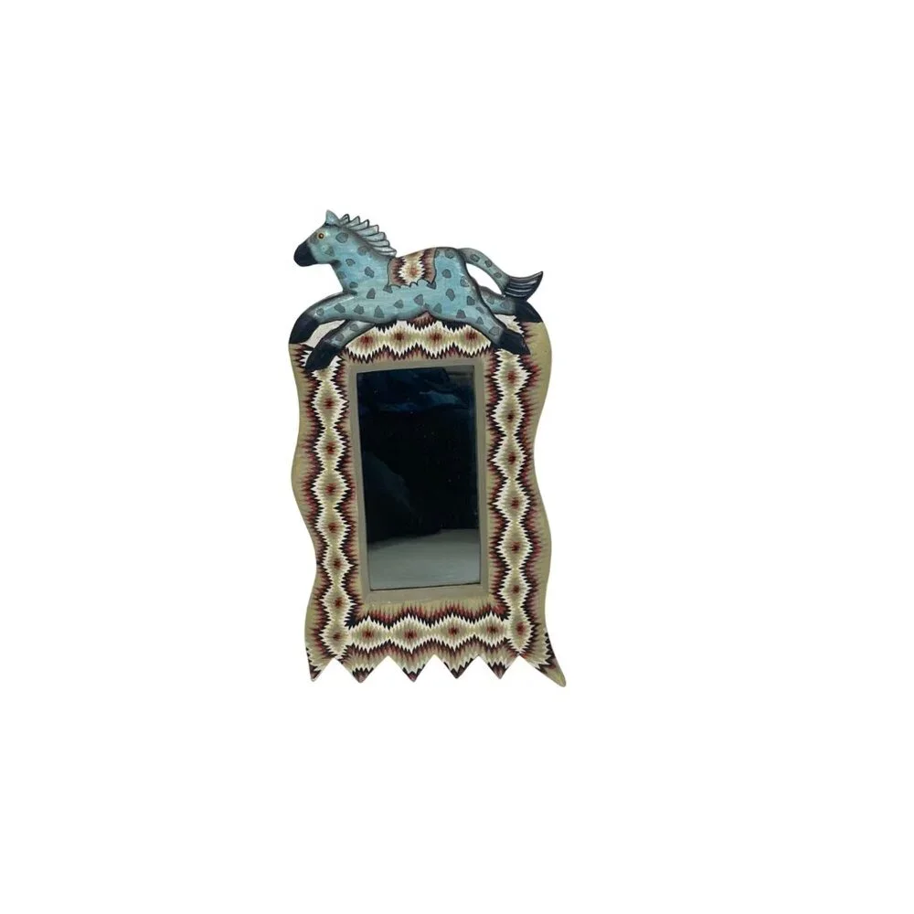 Folk Art Hand Carved Horse Mirror Wood Frame Southwestern Primitive Colorful